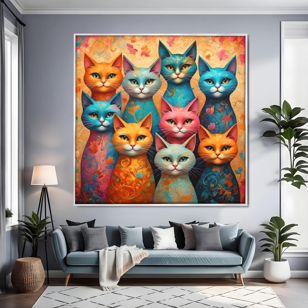 Tablou canvas cu tablou canvas cu opt pisici colorate, in rama de aluminiu argintiu, pe perete intr-un living